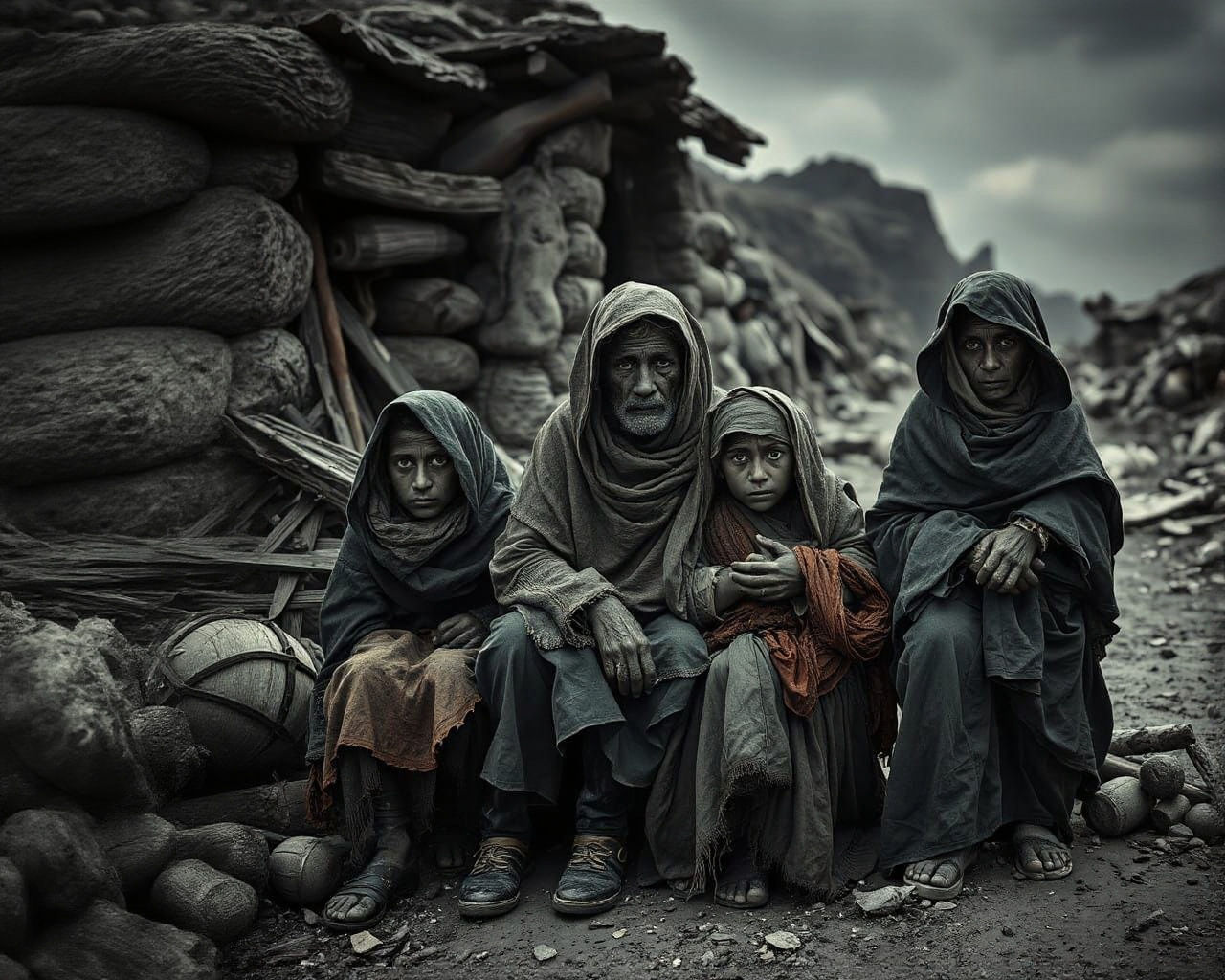 Moody Gypsy Family Scene in Black and White