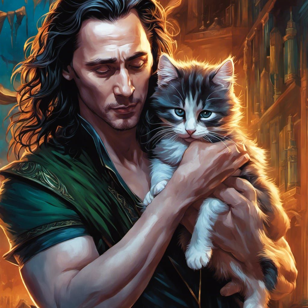 Loki Cuddles Kitten: Comic Book Style Art