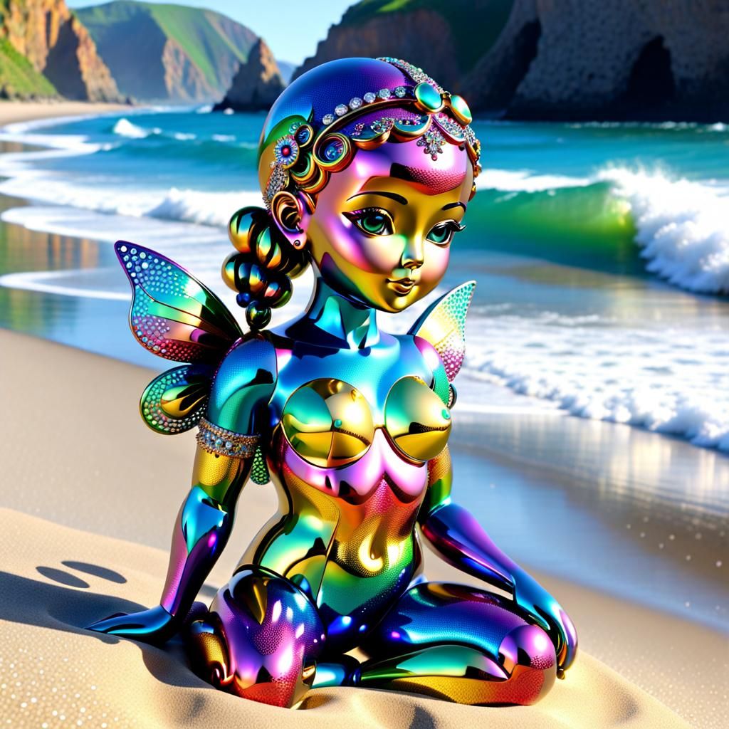 Rainbow Metallic Baby Sculpture on Beach