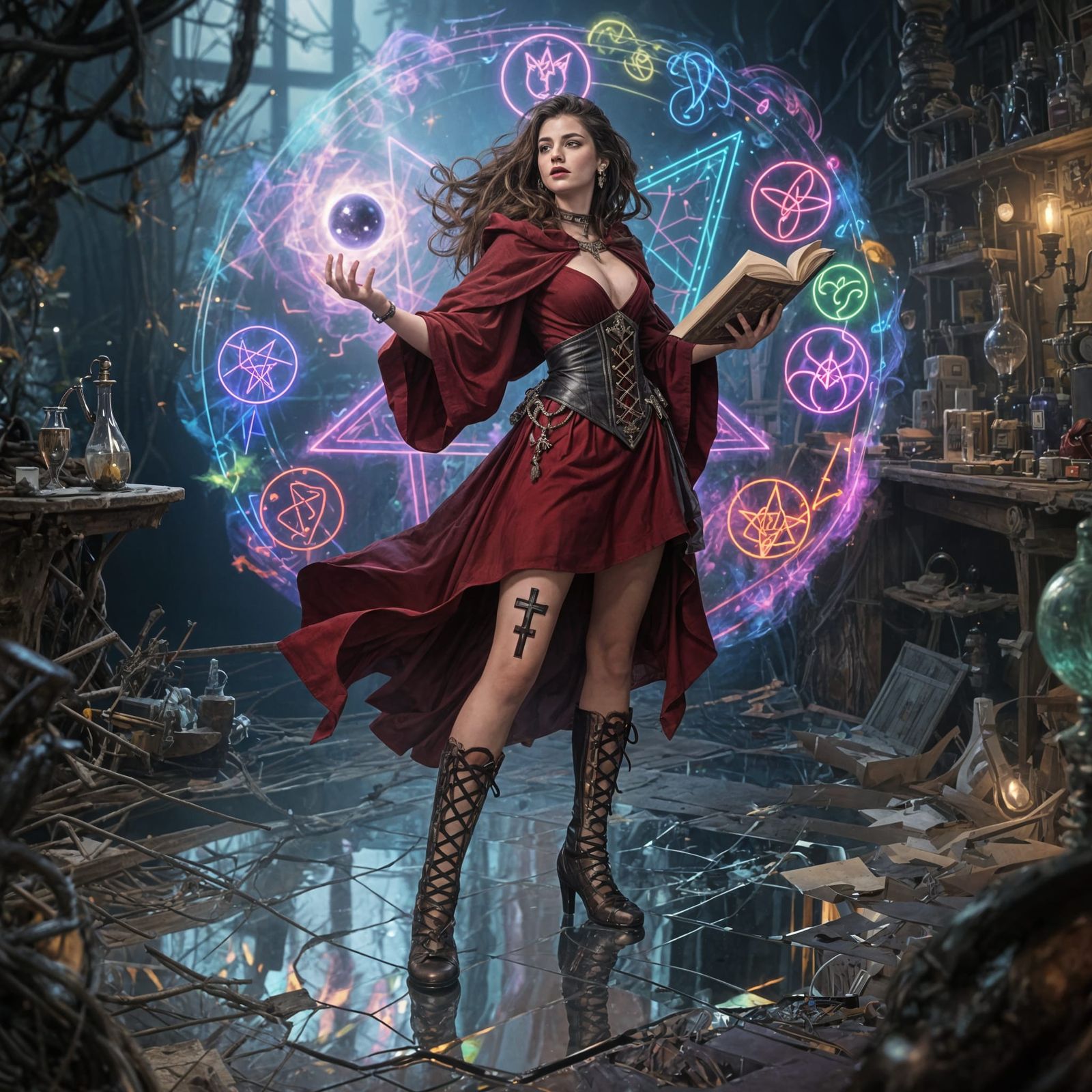 Female Wizard Casting Spell in Glowing Runes