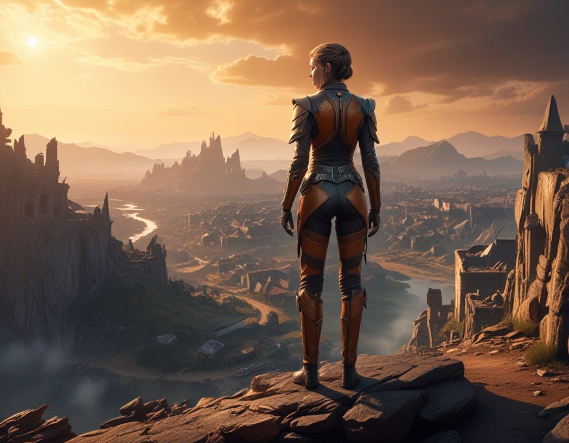 Elf Scout Overlooks Destroyed Town in Digital Art