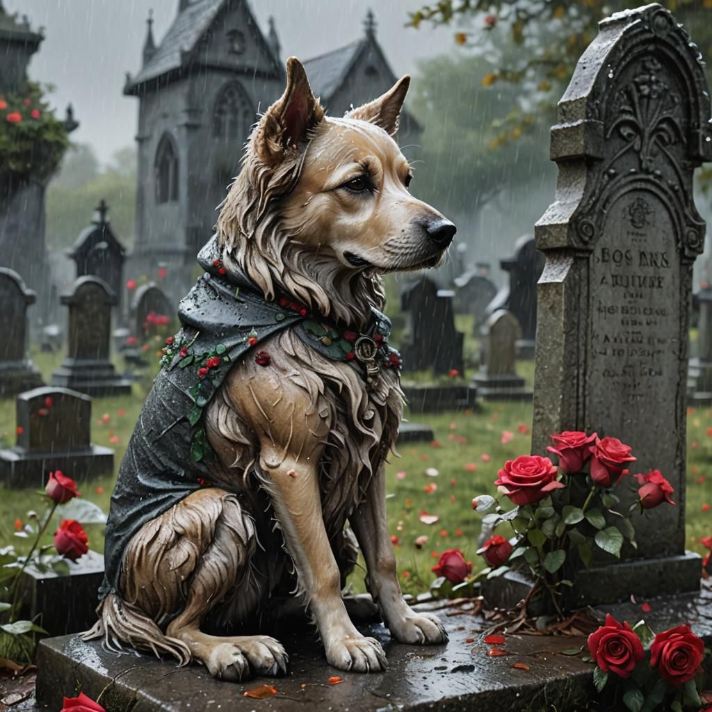 Dog with Roses in Rainy Graveyard: Fairytale Illustration