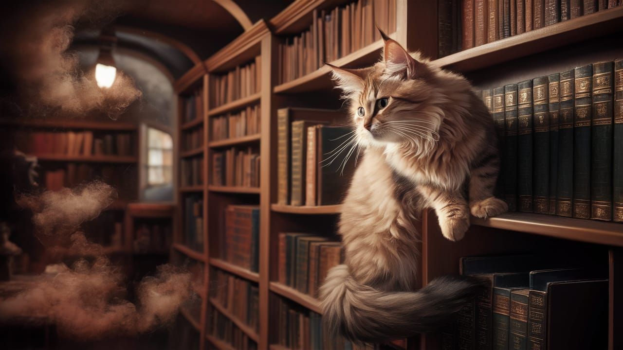 Maine Coon Cat Portrait in Dreamy Library