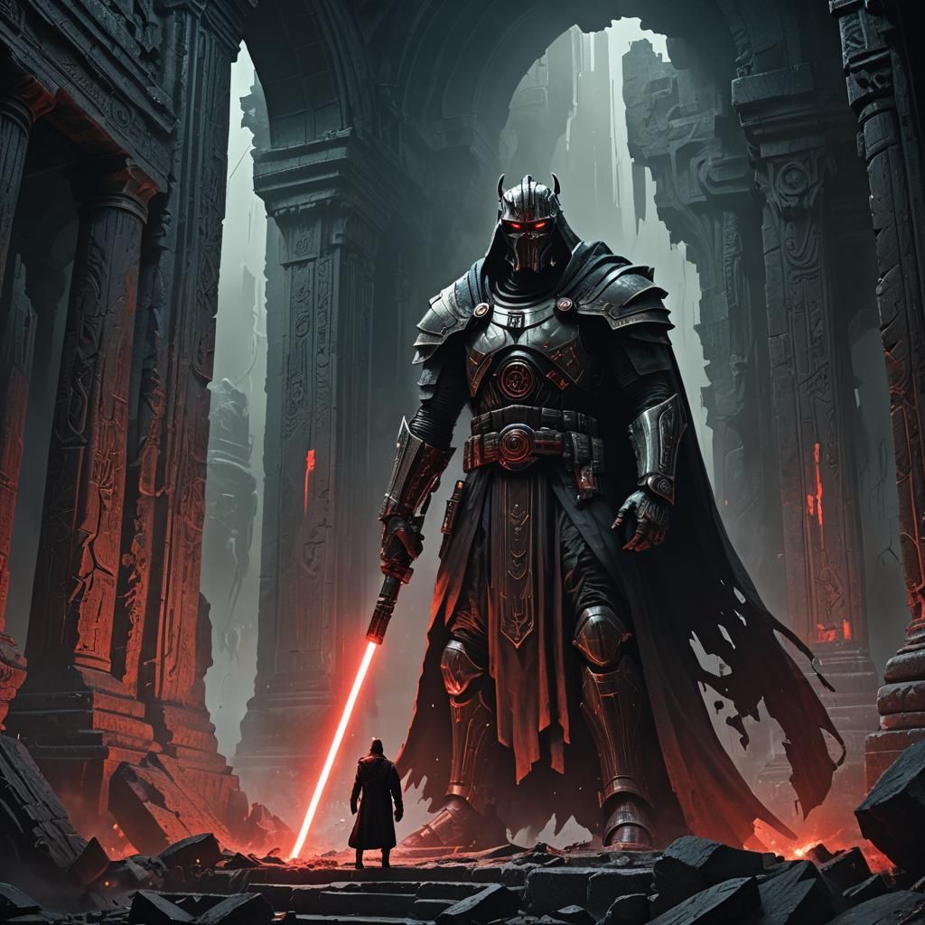 Cybernetic Jedi in Ruined Temple: Dark Fantasy Art