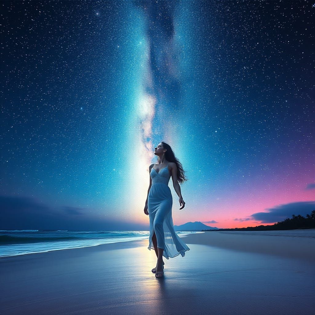 Woman on Tropical Beach with Milky Way Sky