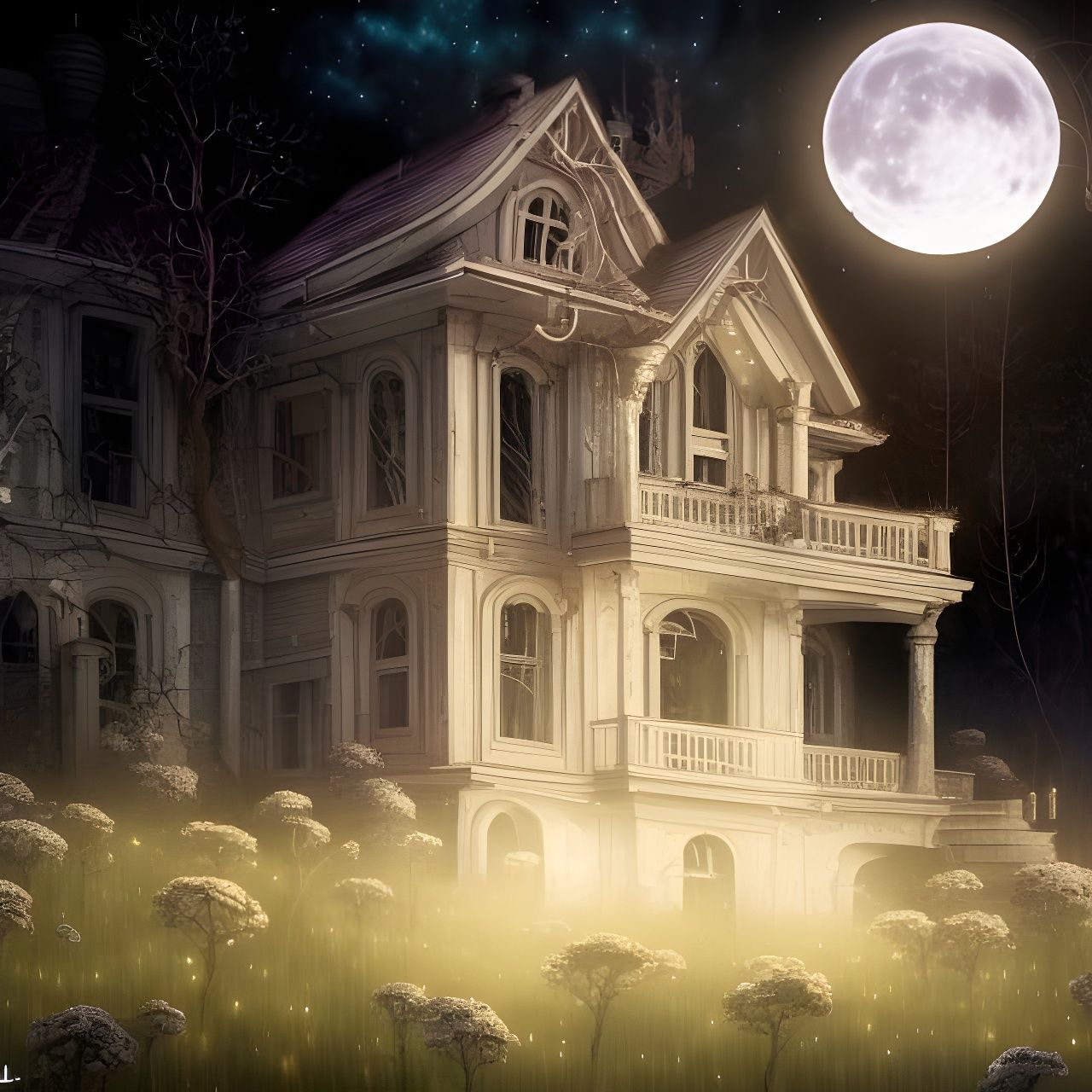 Cyberpunk Horror House Under Moonlit Sky