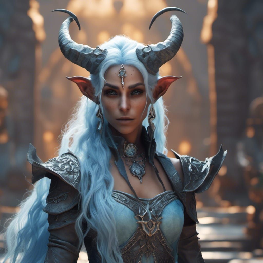 Hyperrealistic Tiefling Cleric with Blue Hair