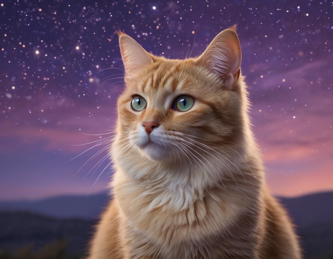 Blonde Cat Under Purple Sky in Digital Surrealism
