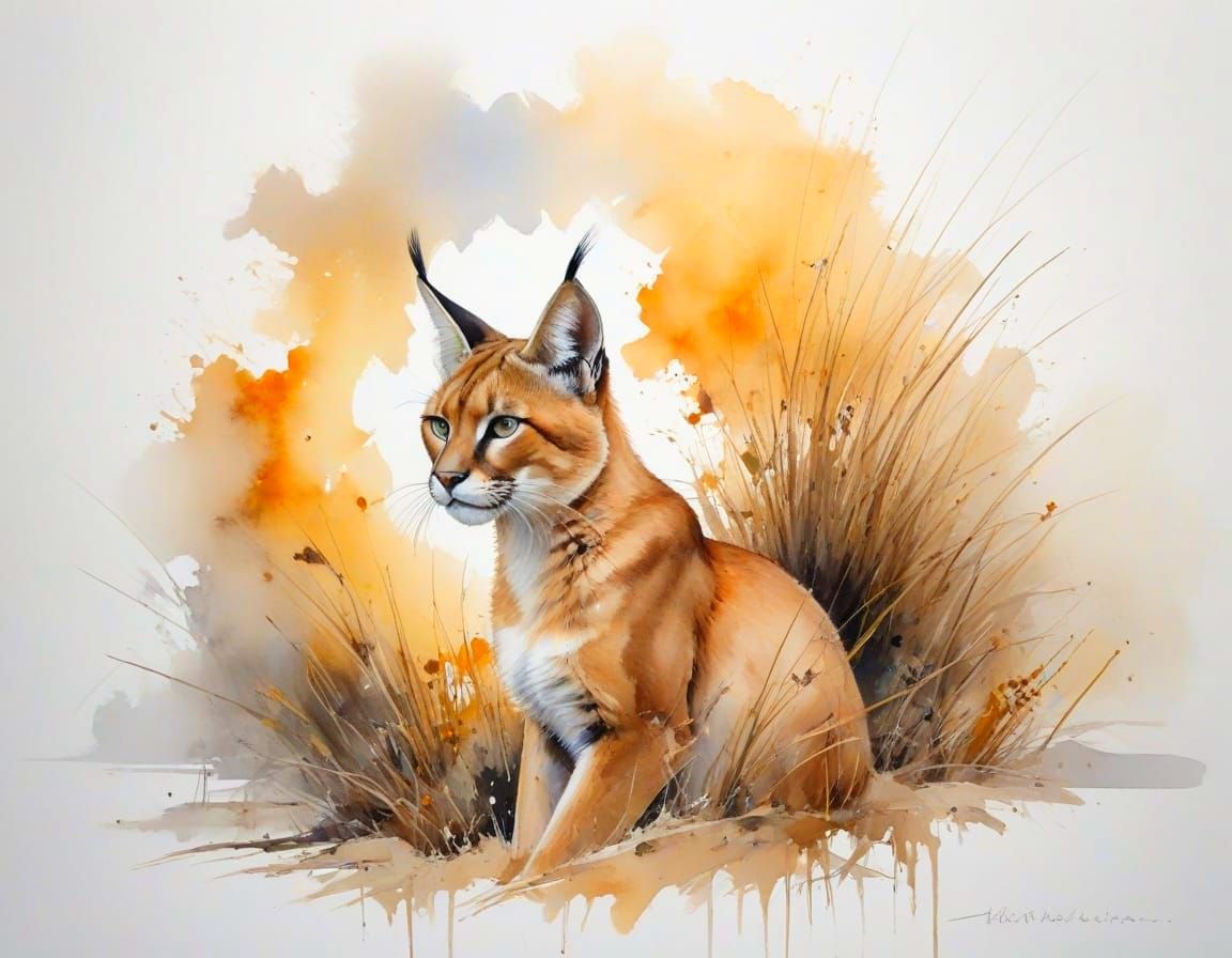 Nomadic Herder with Caracal in Golden Grasslands