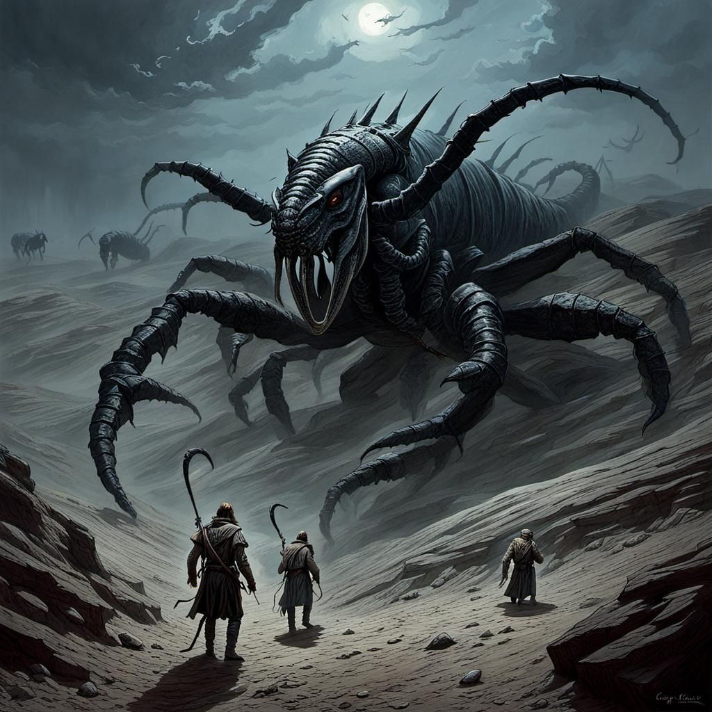 Giant Scorpions in Eerie Badlands: Dark Fantasy Art