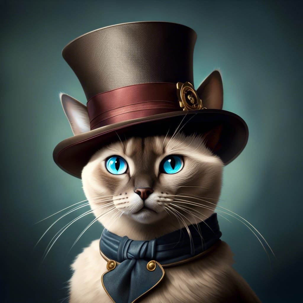 Kawaii Tonkinese Cat in Top Hat Portrait
