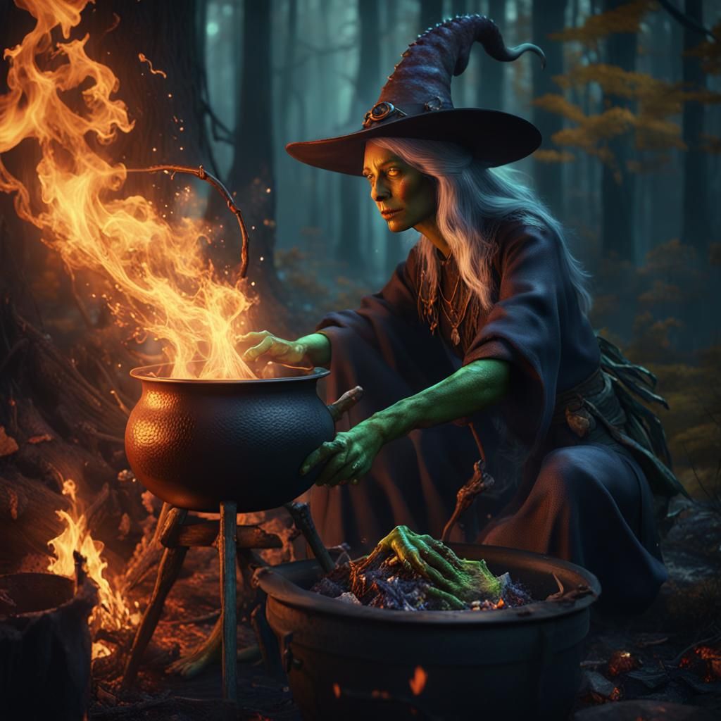 Lizard Witch Brews Potion in Dark Woods