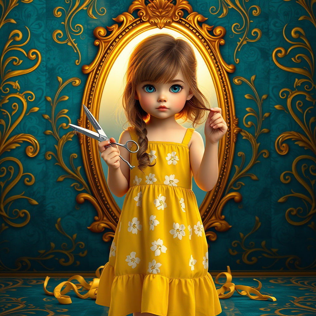 Girl DIY Haircut in Ornate Gilded Mirror