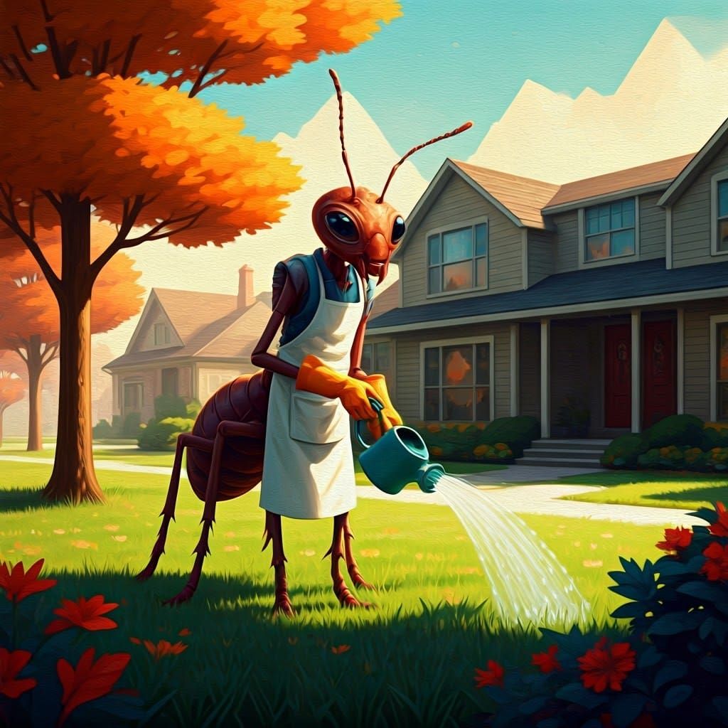 Alien Ant Gardener in Suburban Landscape