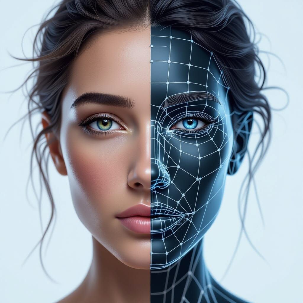 Hyperrealistic Portrait: Human and Wireframe Face in Digital...