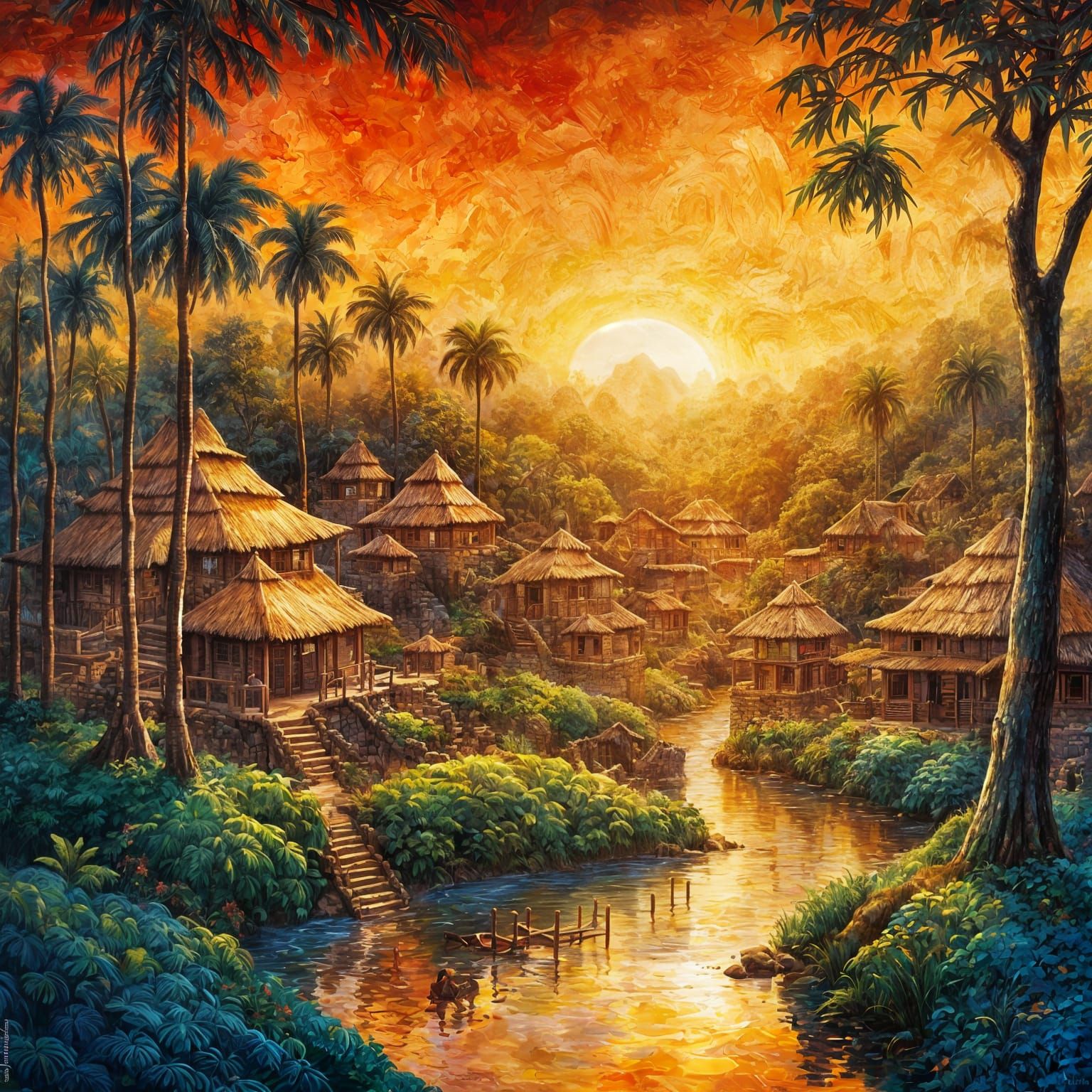 Mayan Village Landscape in Impasto Style
