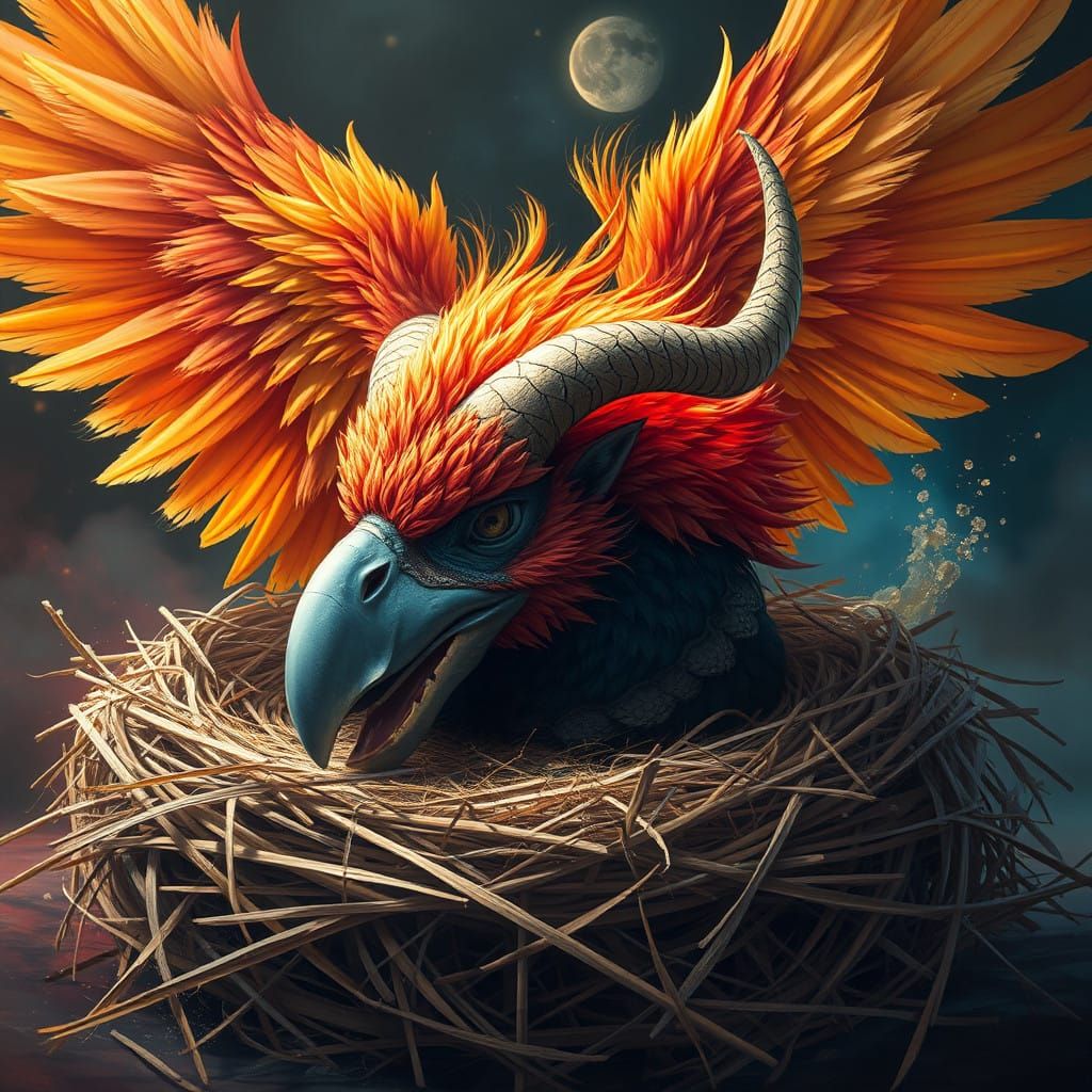 Hyperrealistic Phoenix Minotaur in Vibrant Straw Nest