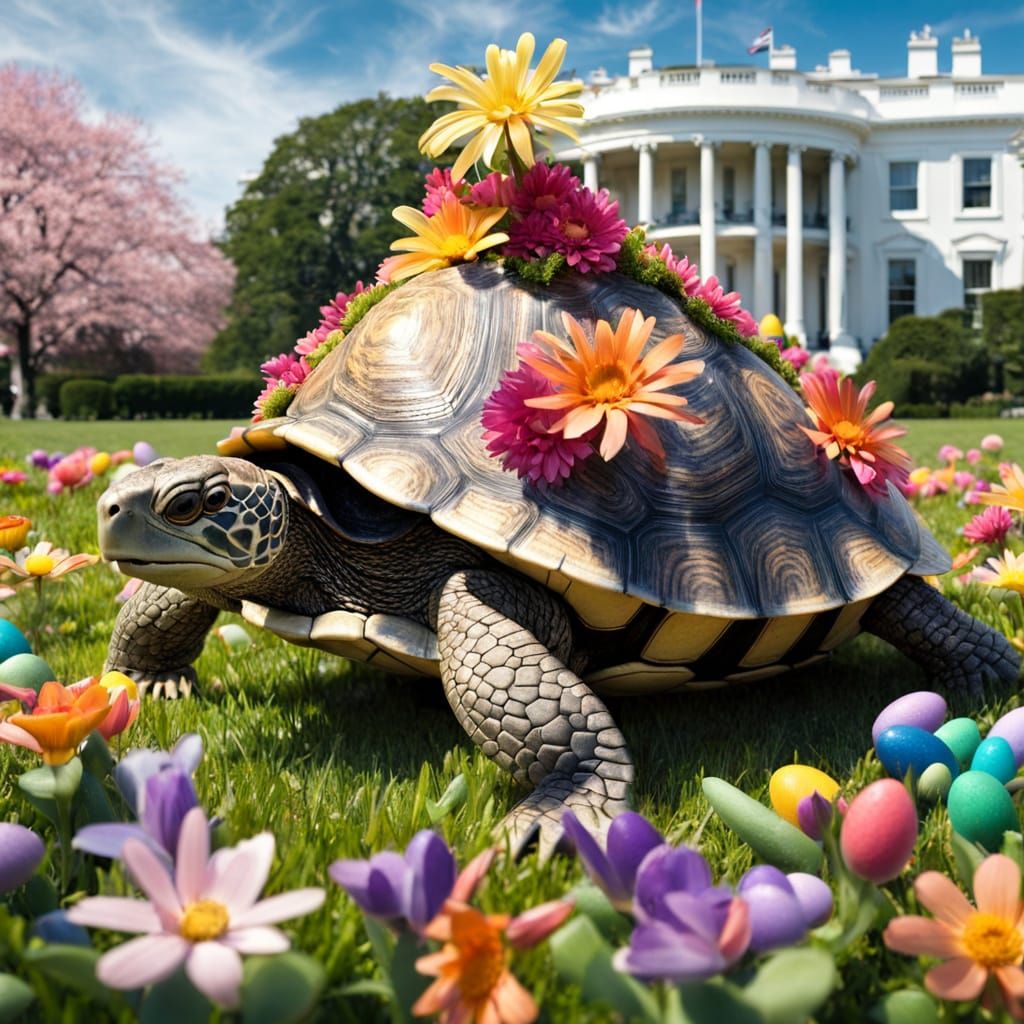 A turtle with lots of flowers growing out of her shell. Fant...