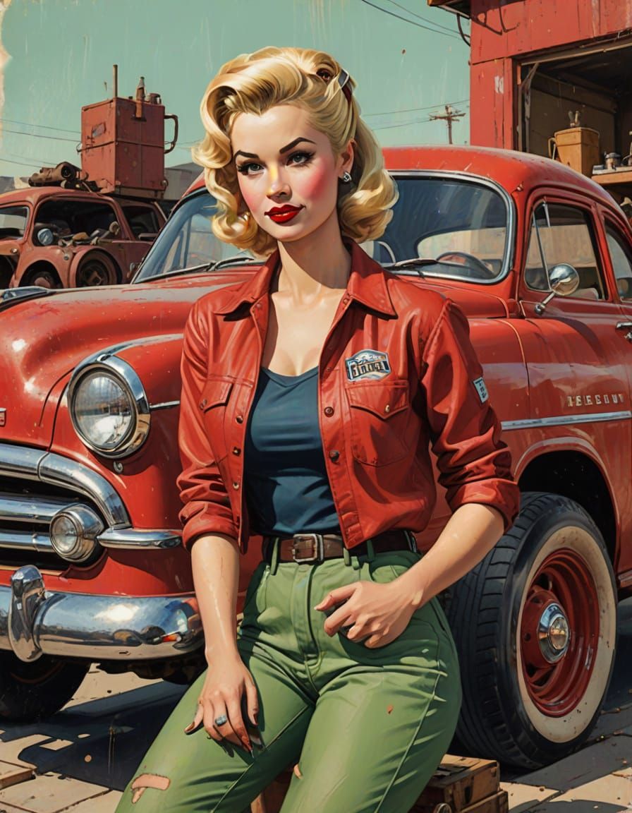 Pin-Up Mechanic in 1950s Grunge Style