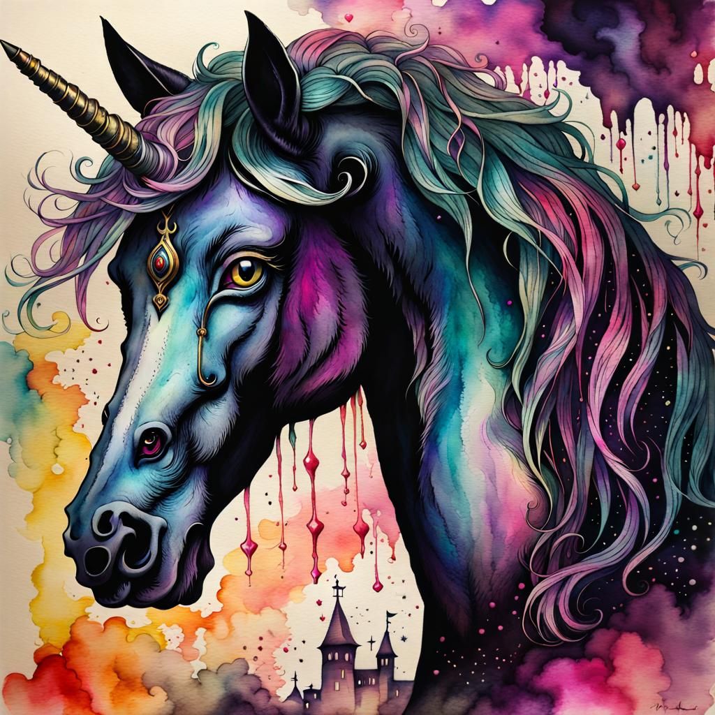 Dark Gothic Unicorn in Vintage Watercolor Style