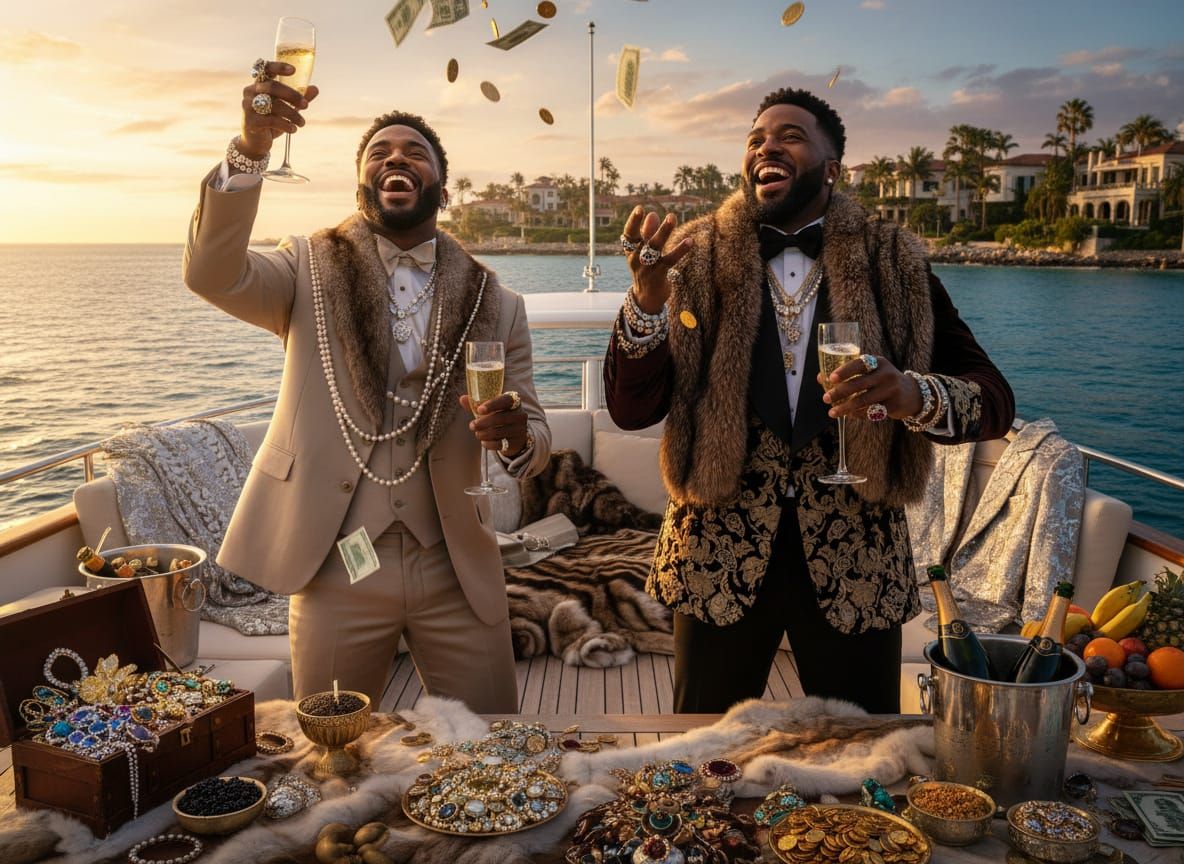 Lavish Yacht Party: Men Celebrate with Champagne and Cash