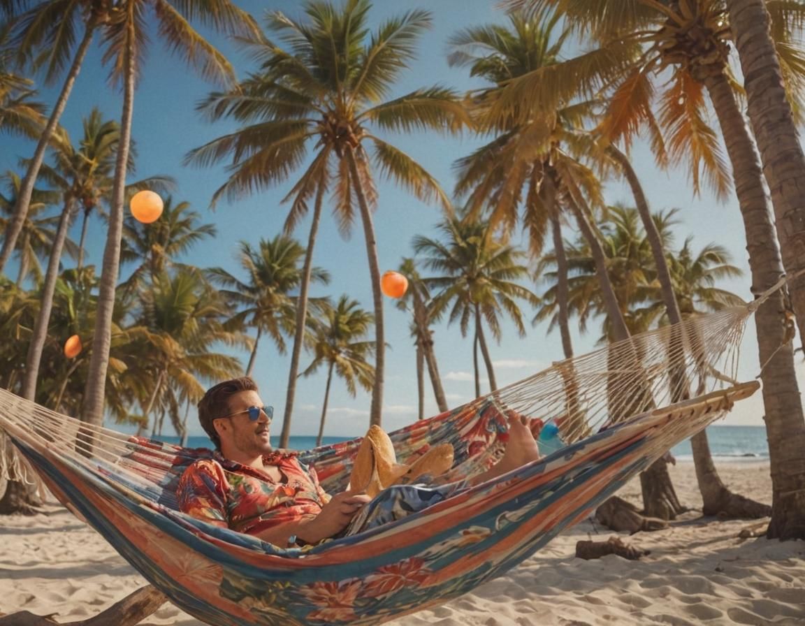 Vibrant Tropical Beach Scene with Hammock and Palm Trees