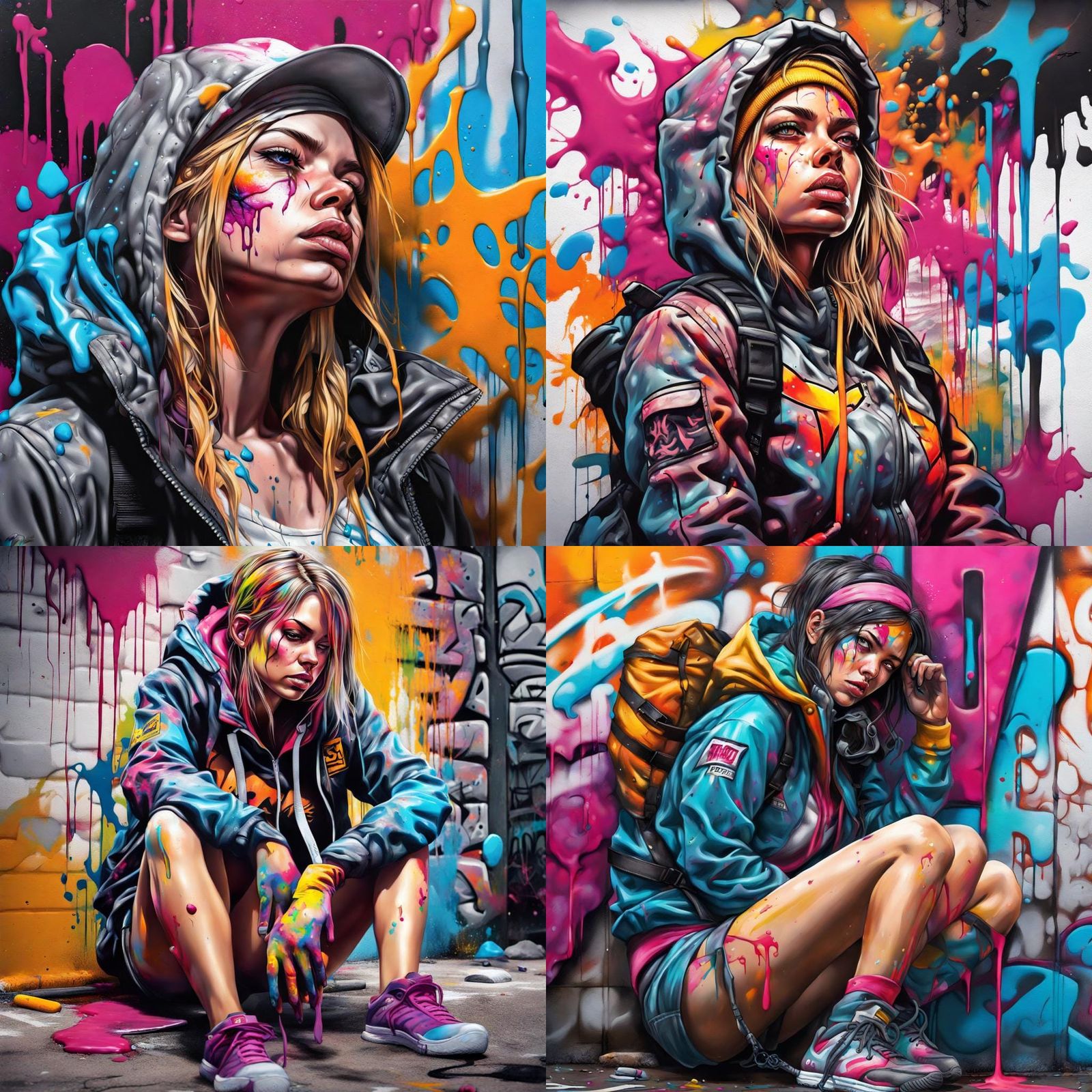 Tired Heroine in Graffiti Splash Art Style