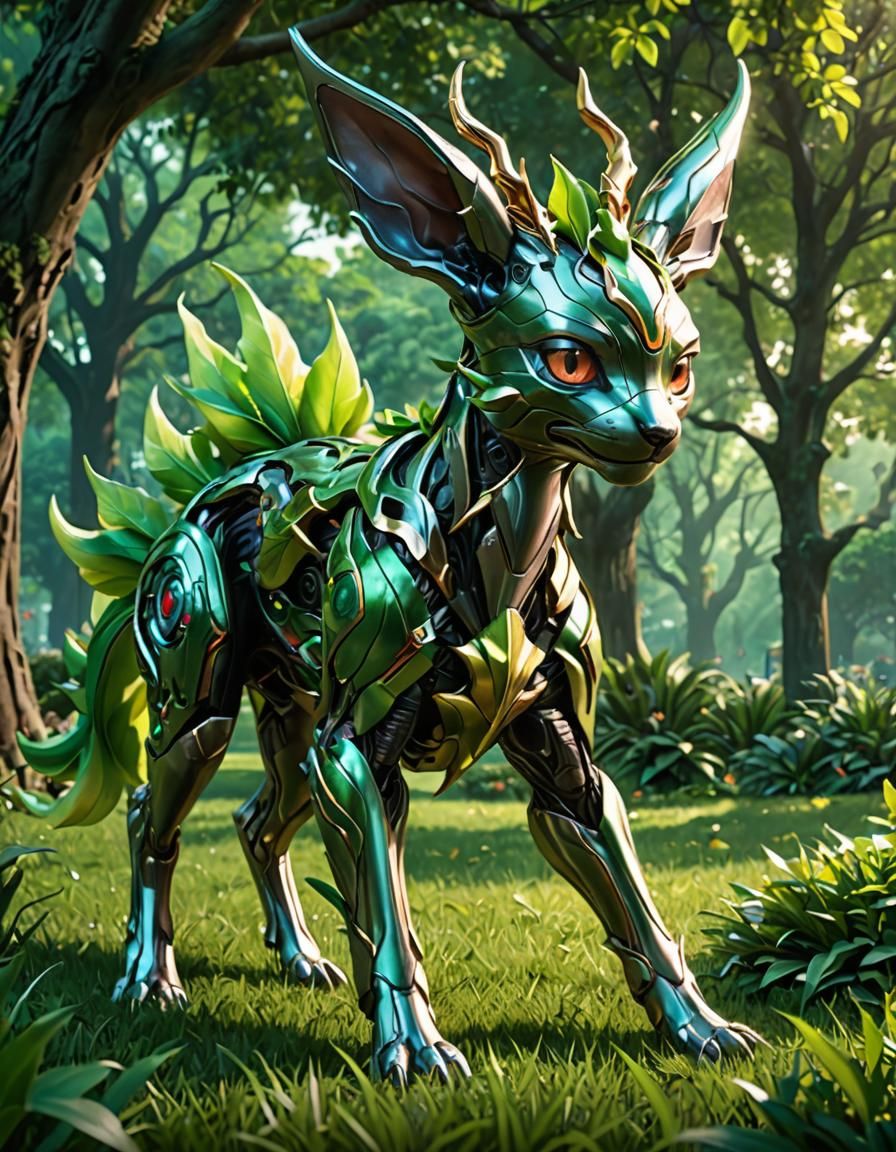 Hyperrealistic Ultron Leafeon with Foliage and Leaf Tail