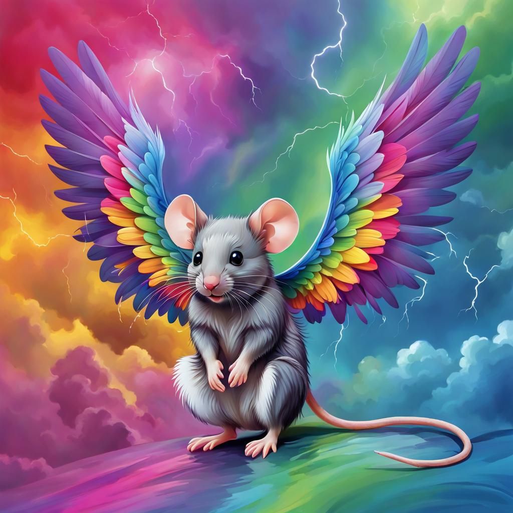 Cute Winged Mouse in Colorful Storm