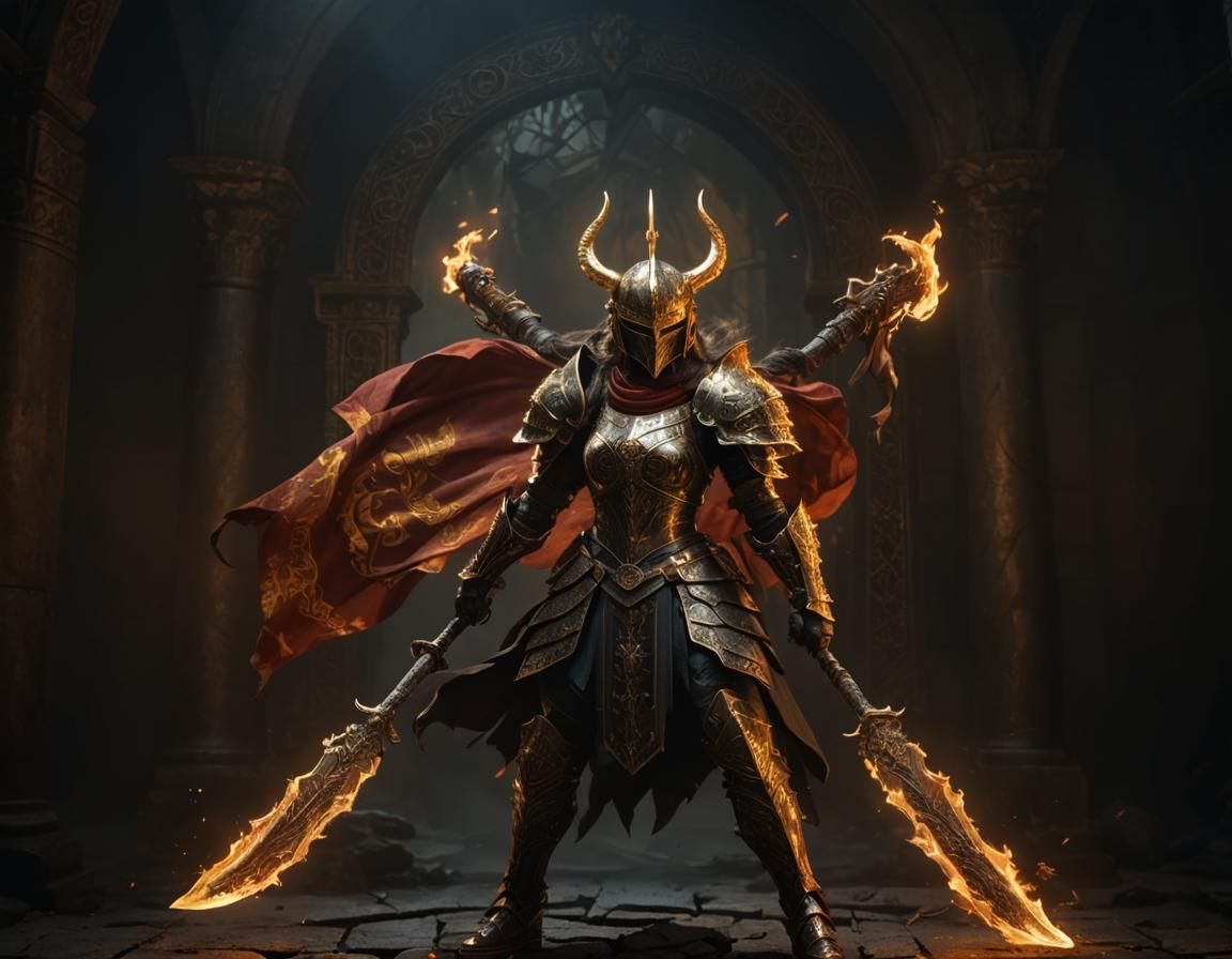 Armored Female Warrior with Fiery Swords in Dark Fantasy