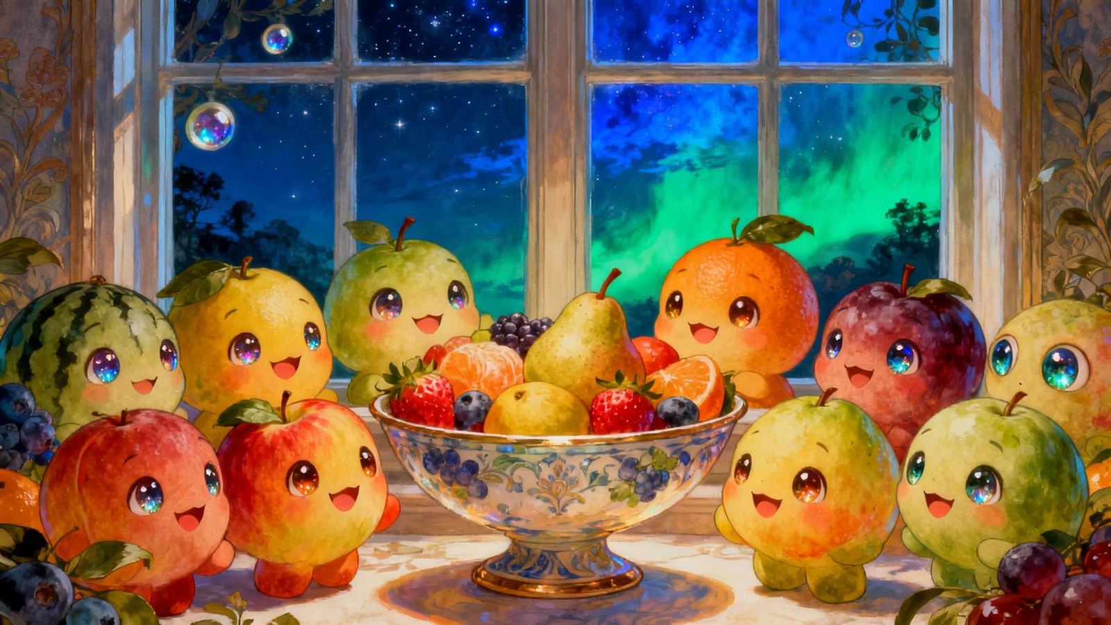 Charming Chibi Fruit Bowl with Sparkling Eyes Under Night Sk...