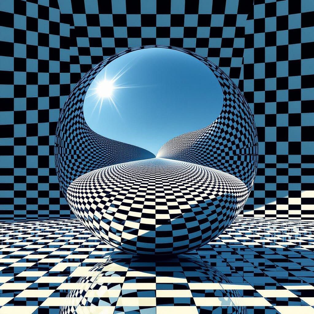 Floating Orb Island with Op Art Grid in Void
