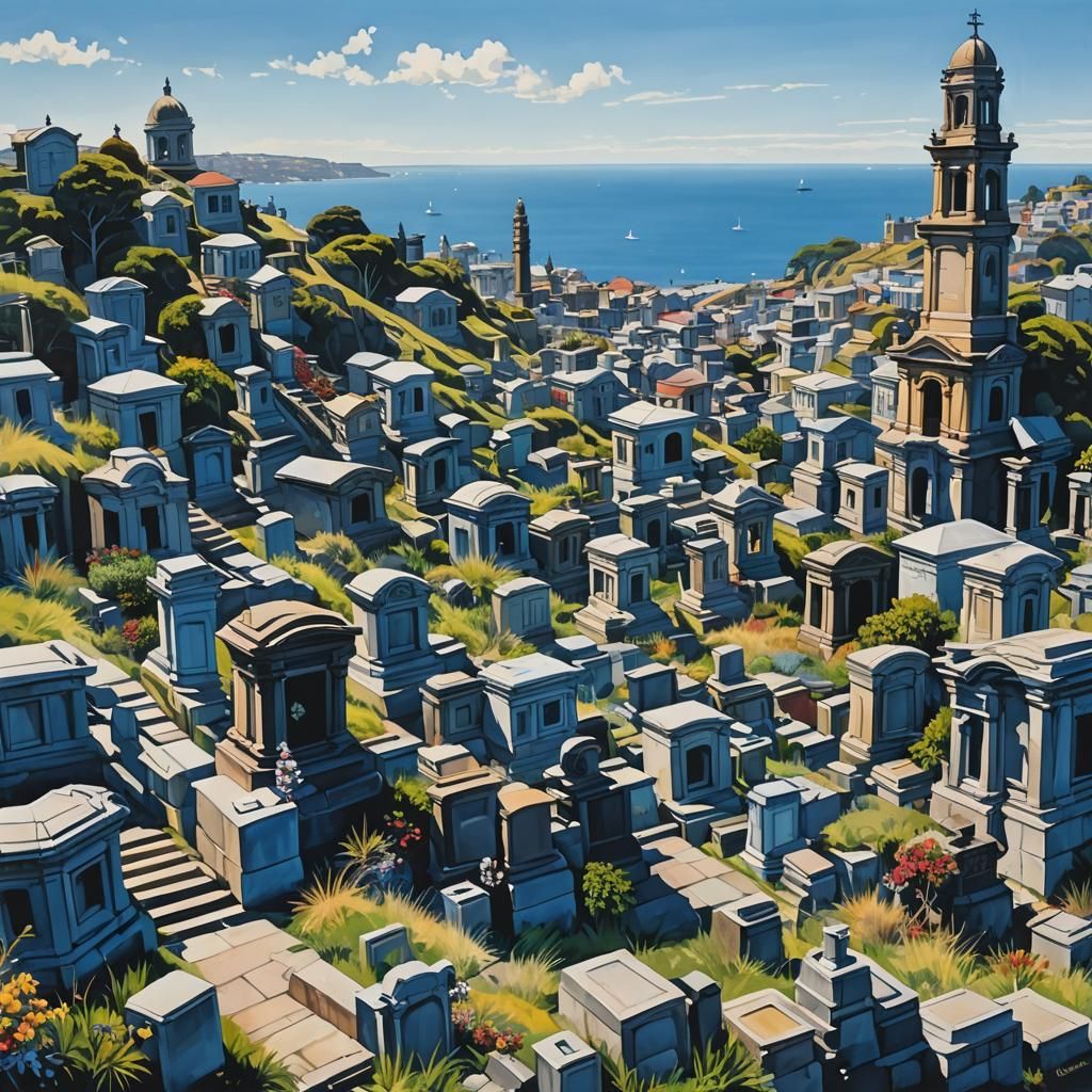 Waverley Cemetery: Gouache Painting on a Sunny Day
