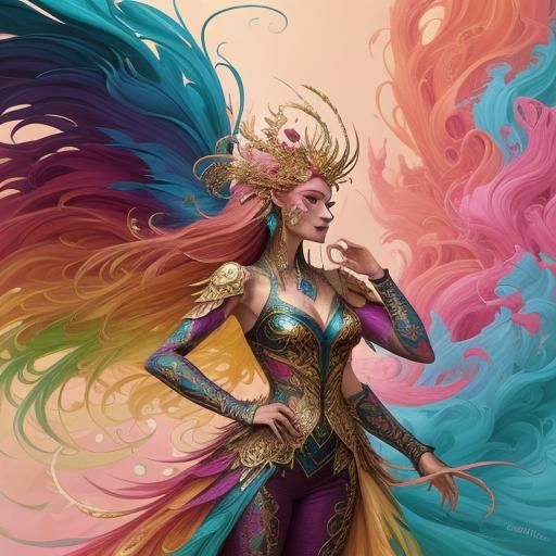 Dragon Peacock Woman in Abstract Expressionist Style