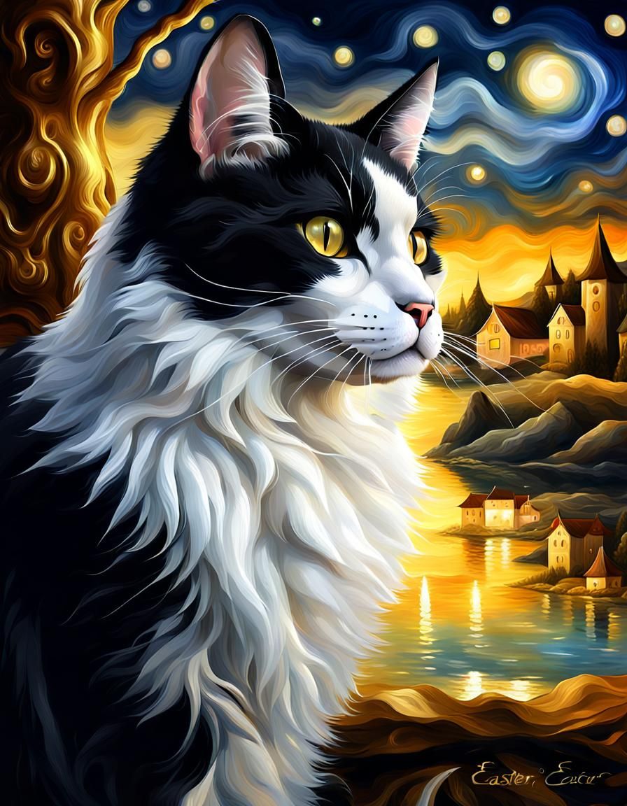 Magnificent Black and White Cat with Gold Reflections