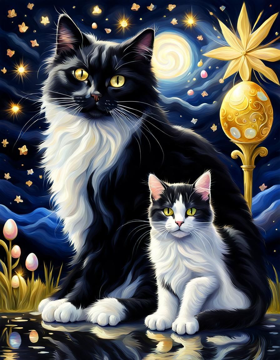 Magnificent Black and White Cat with Gold Reflections