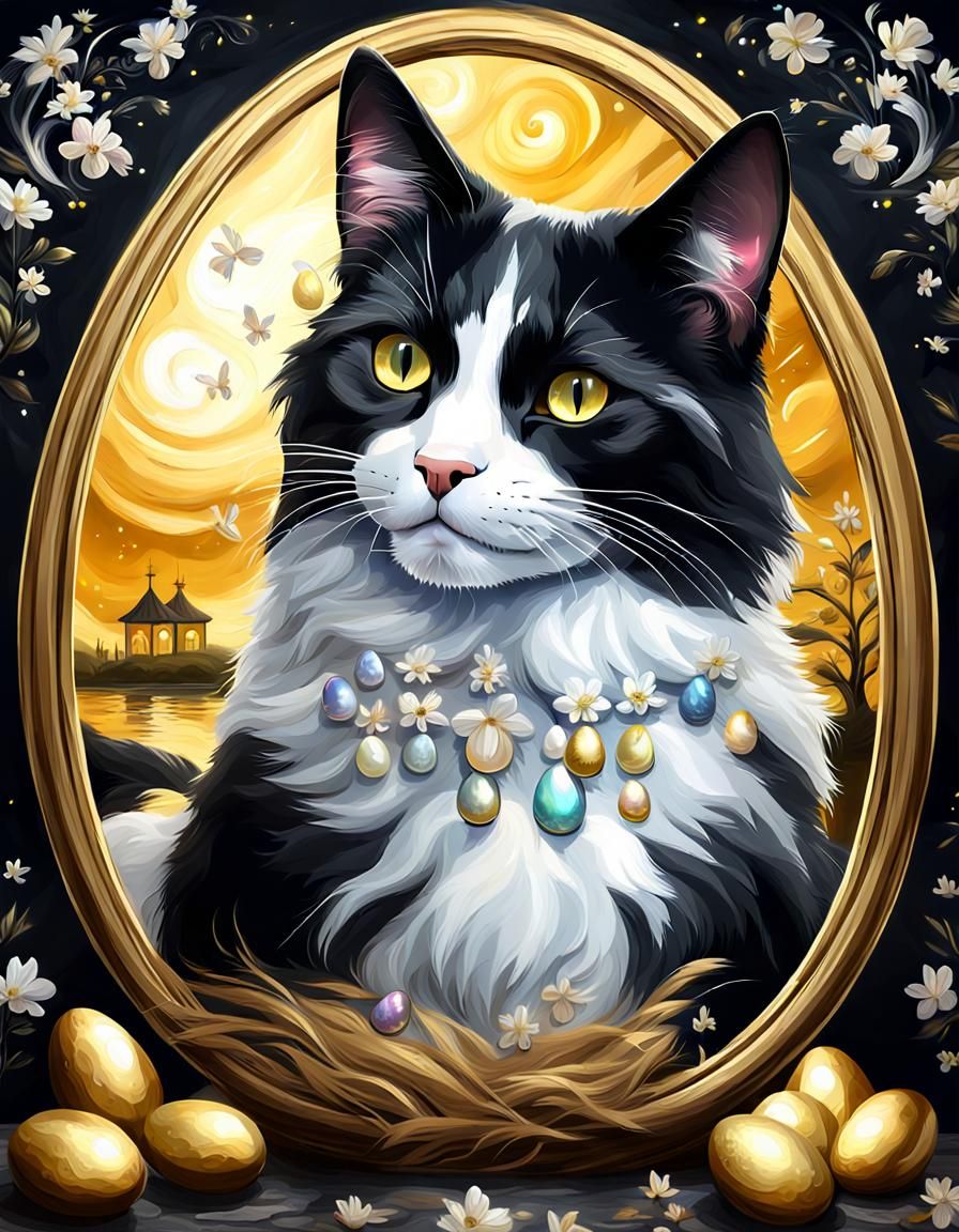 Digital Painting of a Smiling Easter Cat in Gold and Black
