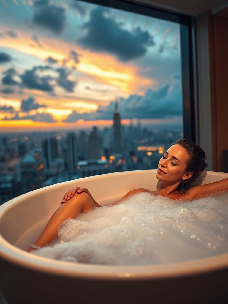 Woman in Serene City Skyline Bathtub Scene