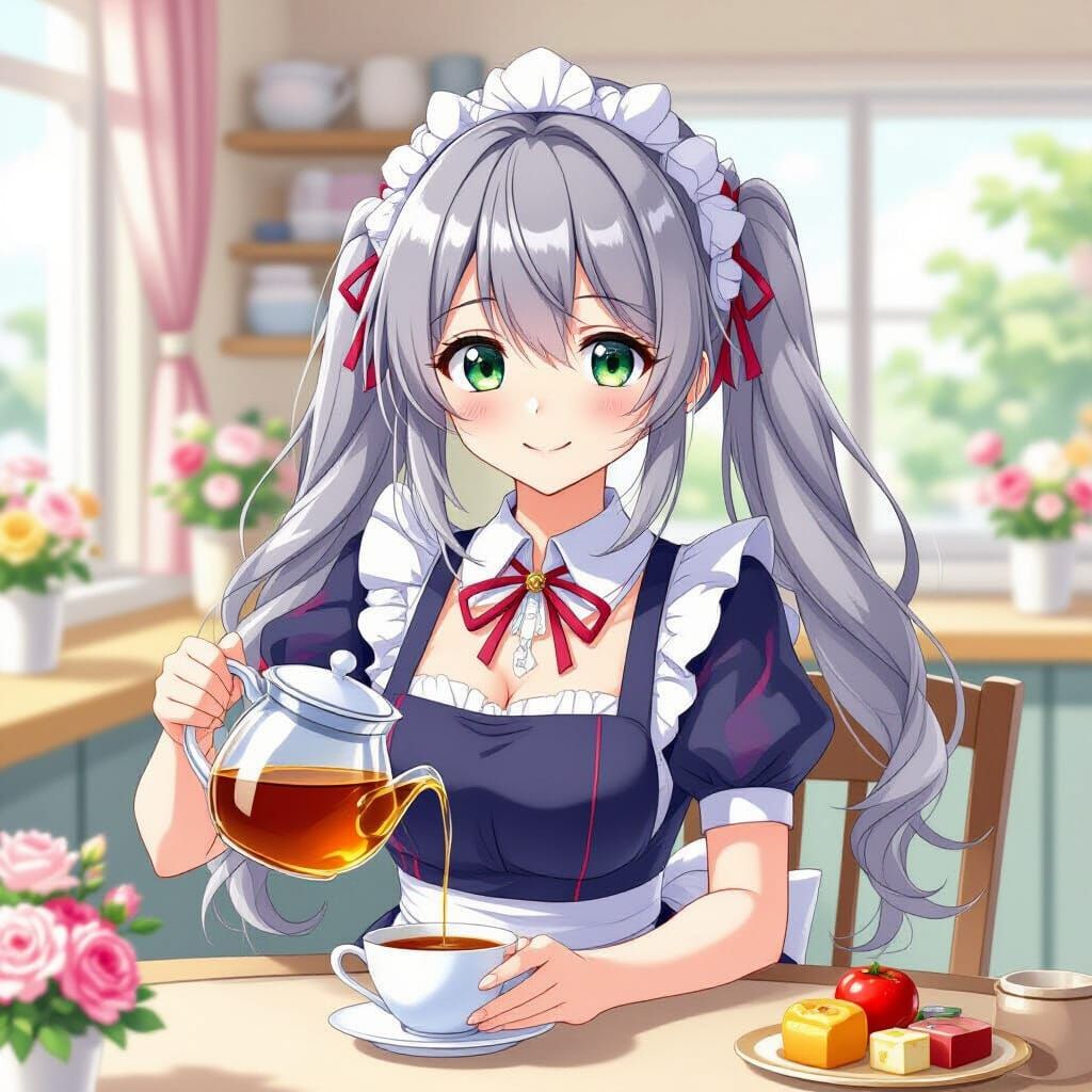 Anime Maid Pouring Tea in Manga Key Visual Style