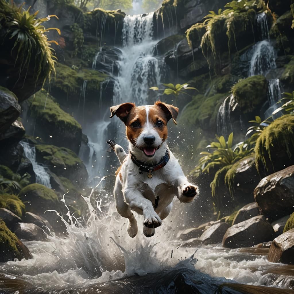 Sparkling Jack Russell Running Through Waterfall in 3D