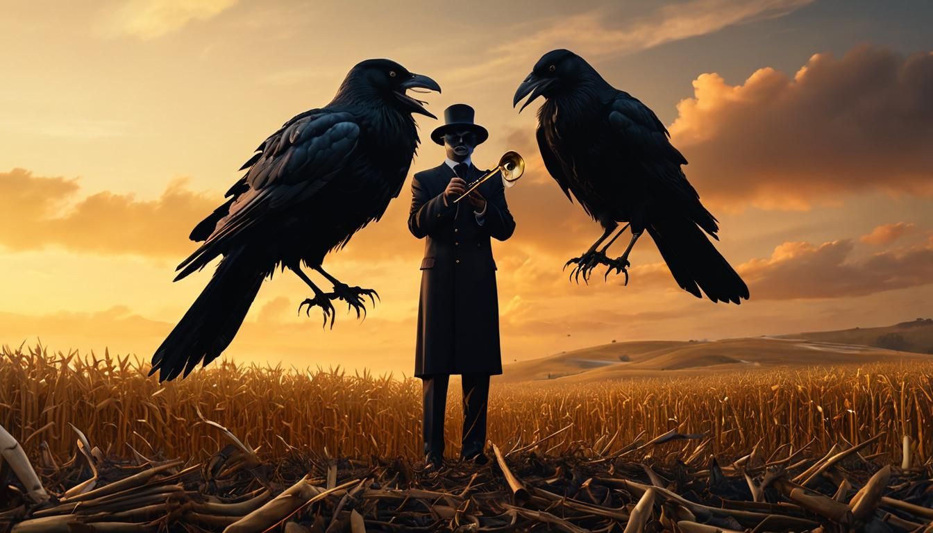 Surreal Trombone Player with Giant Crows, Dreamlike Art