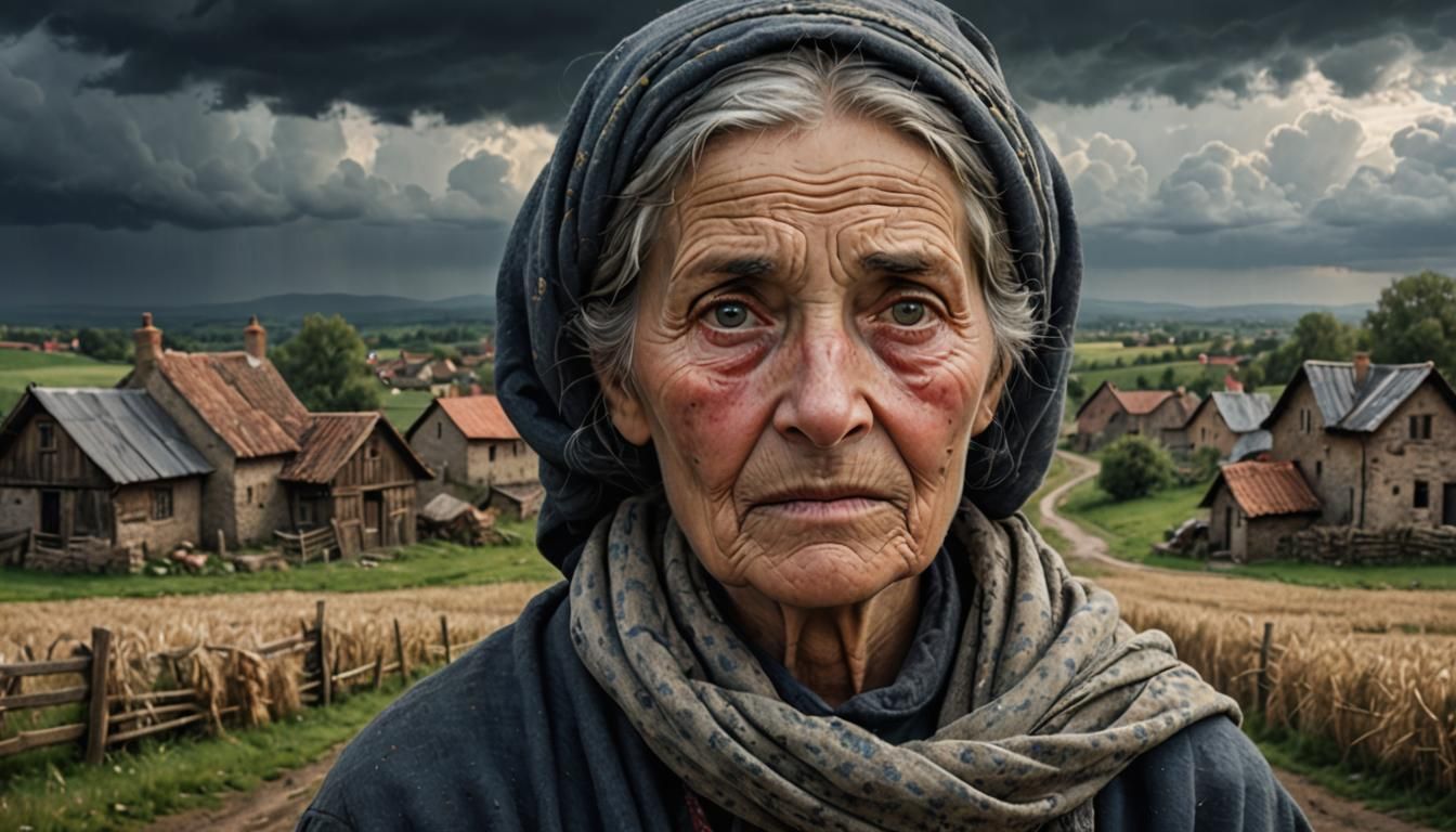 Hyperrealistic Portrait of a Somber Peasant Woman