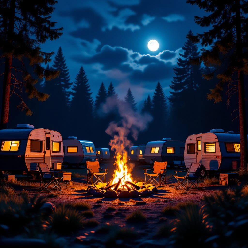 Campfire At Night With Trailers in Dense Bush