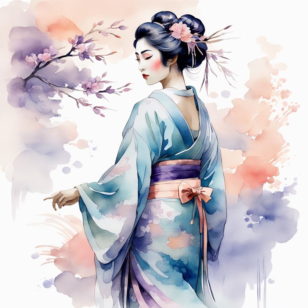 Geisha in Kimono: Ethereal Watercolor Portrait