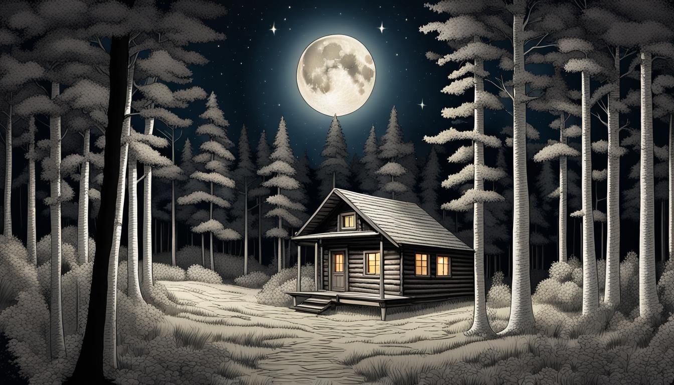 Cabin in Quiet Forest with Rising Full Moon