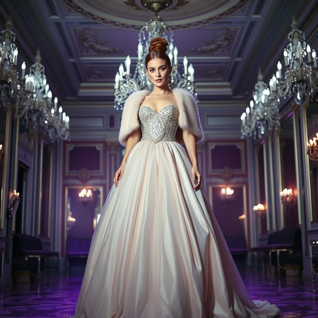 Elegant Woman in Crystal-Encrusted Gown with Puffy Skirt and...