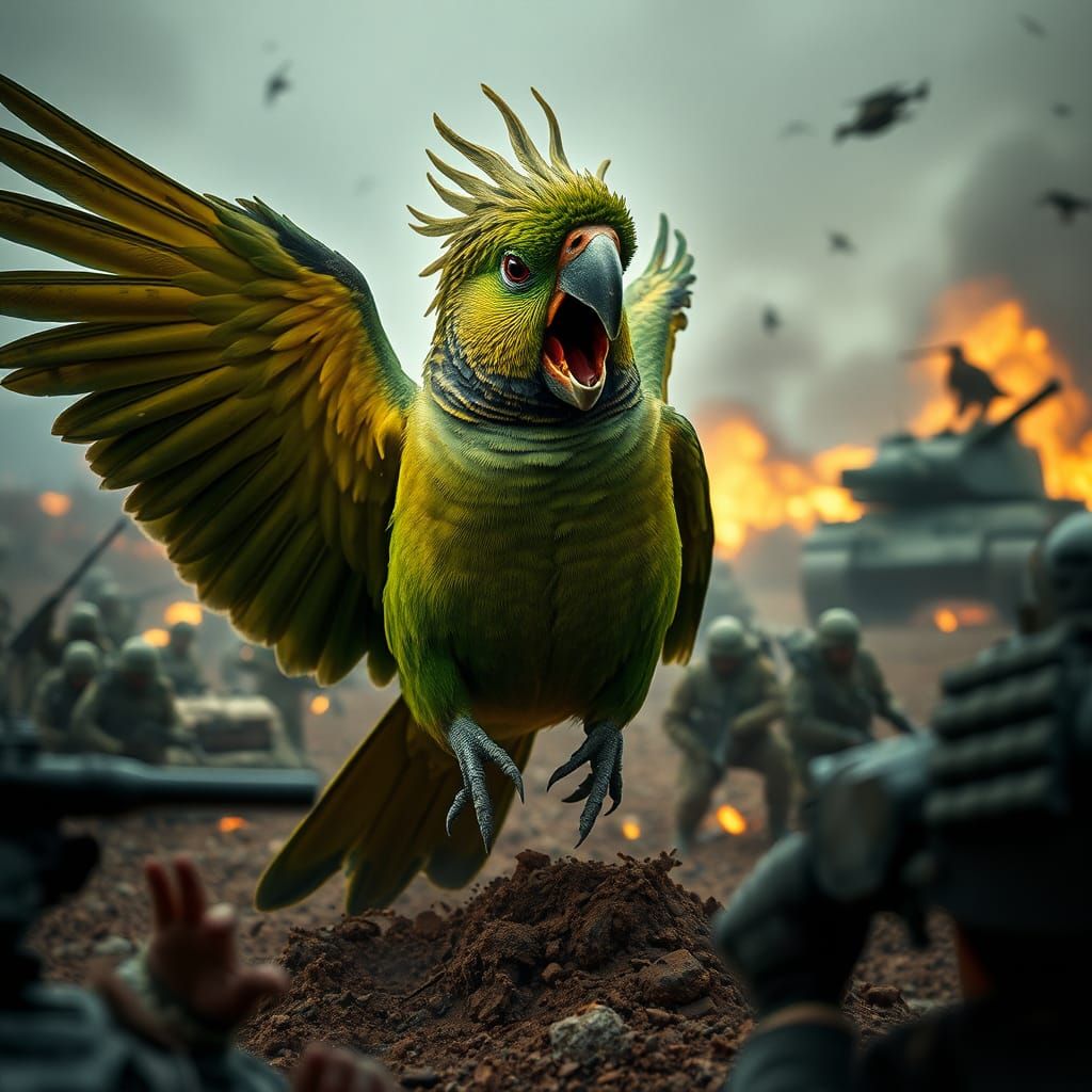 Giant Conure Rages on Battlefield: Cinematic Film Still