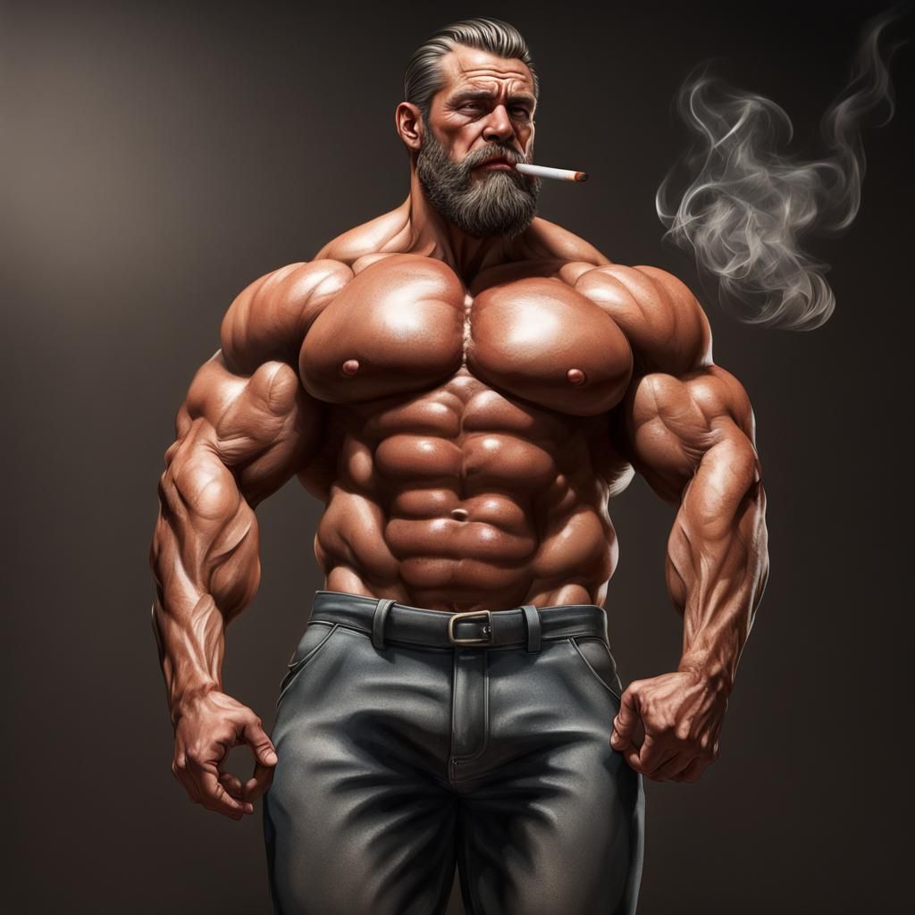 Hyperrealistic Bodybuilder Smoking Cigarette