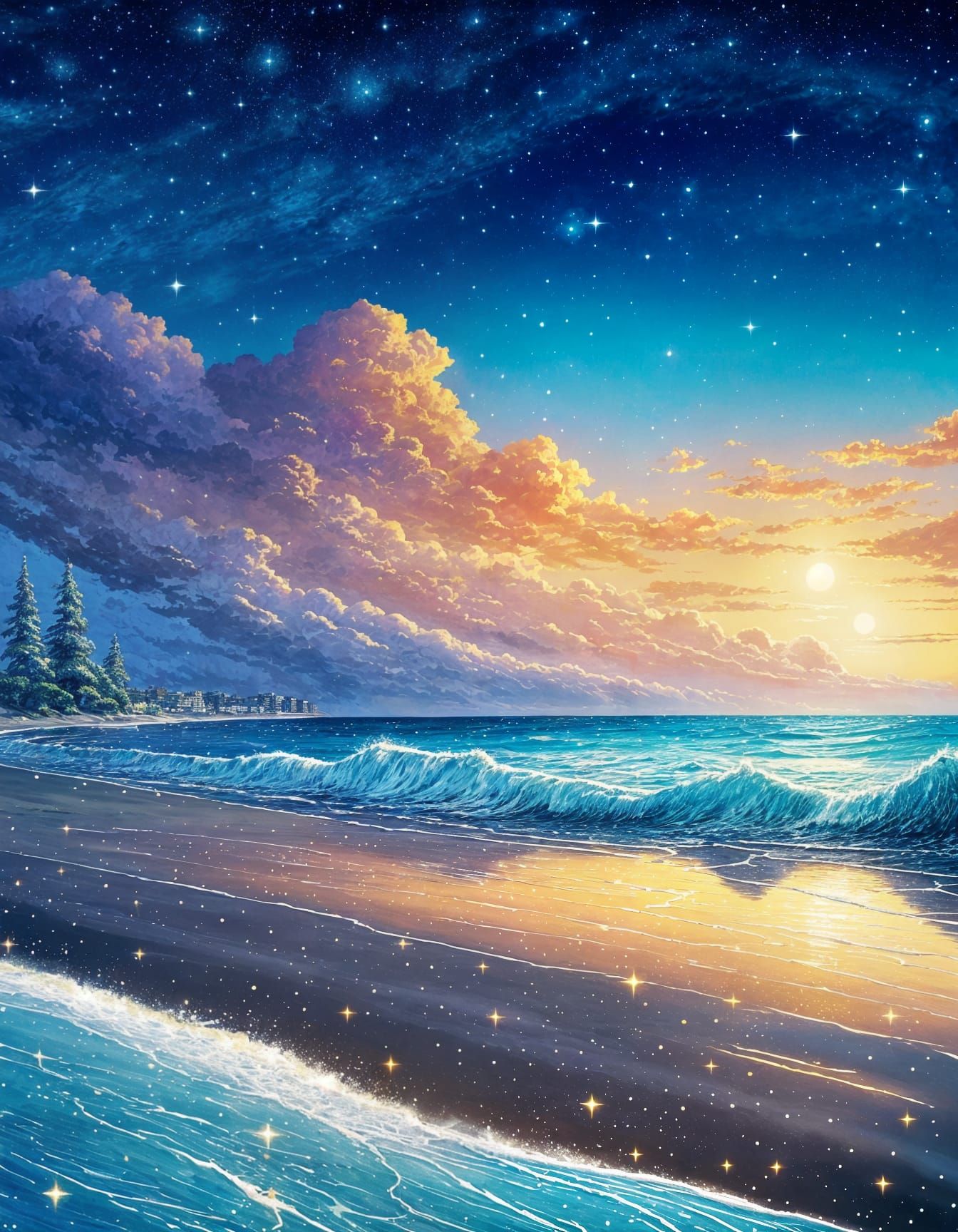 Anime Winter Seascape at Sunset with Coastal City