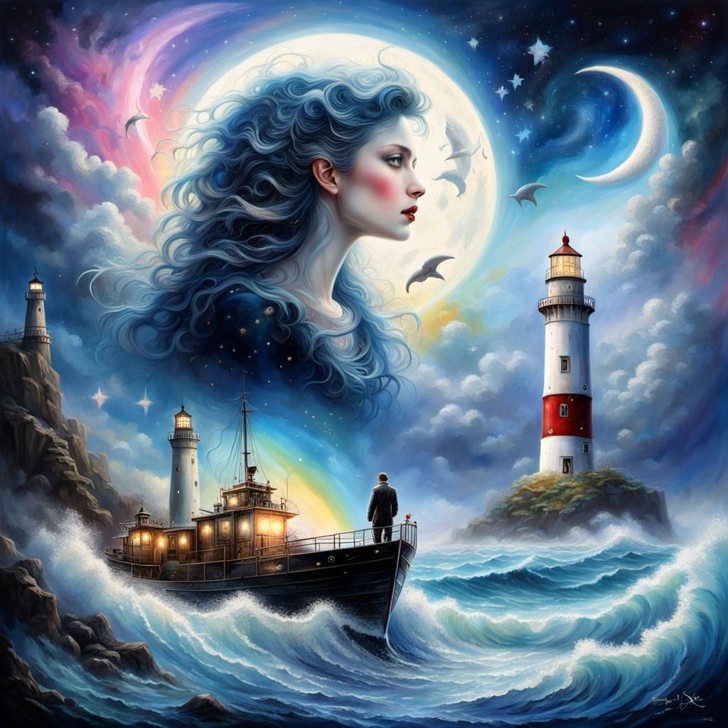 Nostalgic Landscape with Crescent Moon and Rainbow